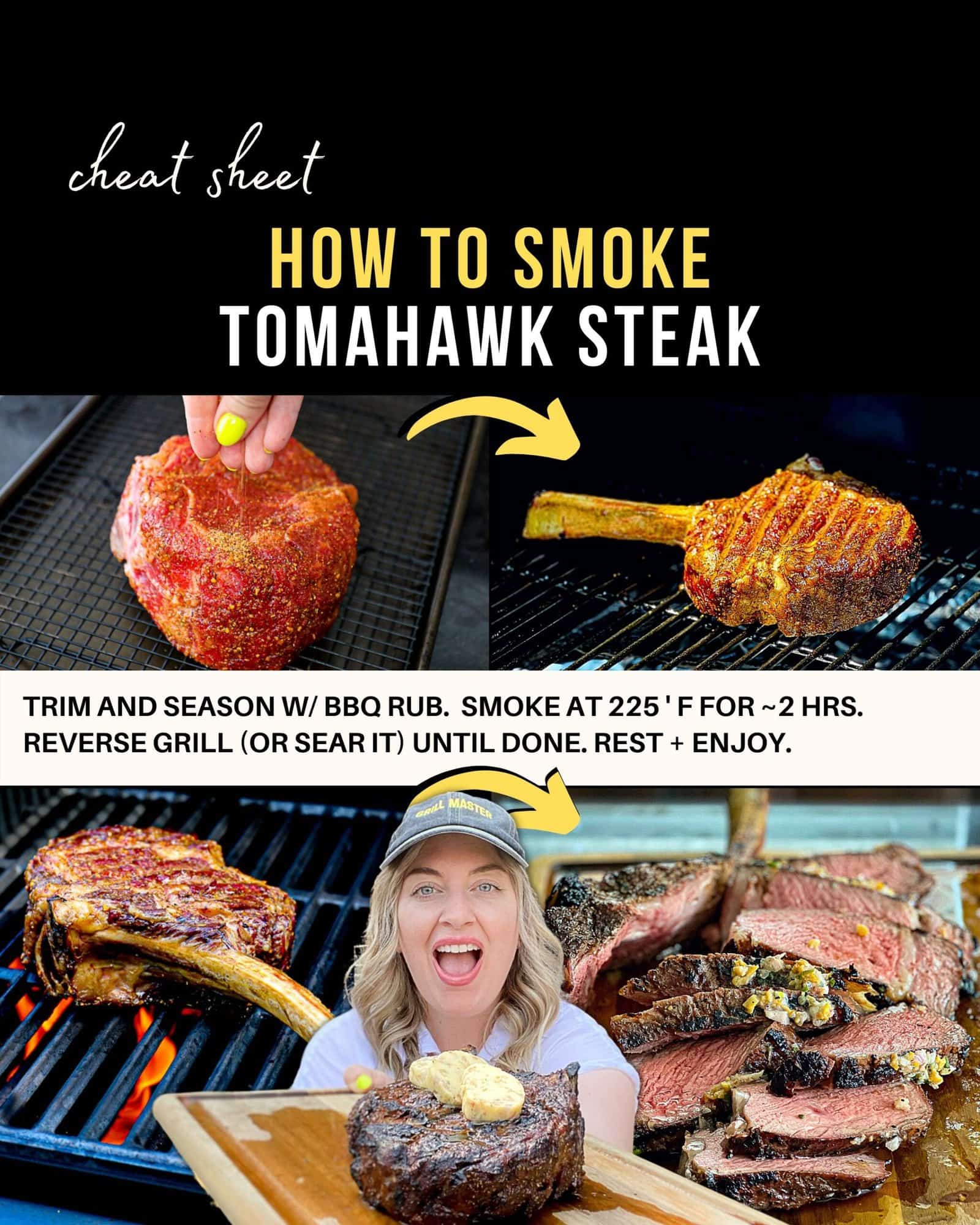 Infographic with steps and captions describing how to smoke tomahawk steak on a Traeger pellet grill with food blogger Jenna Passaro