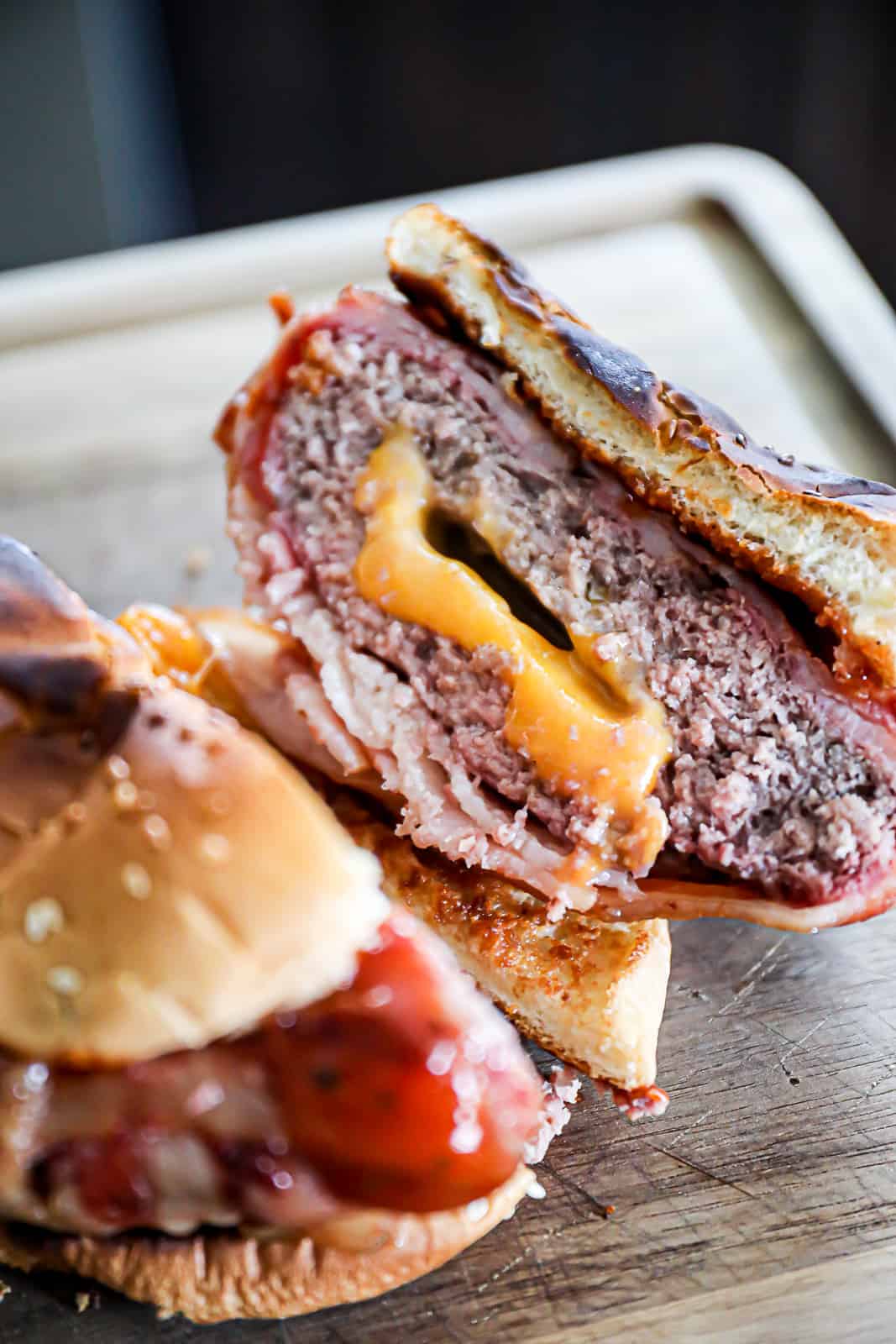 Melted Cheddar Cheese Stuffed Burger Wrapped In Bacon Recipe