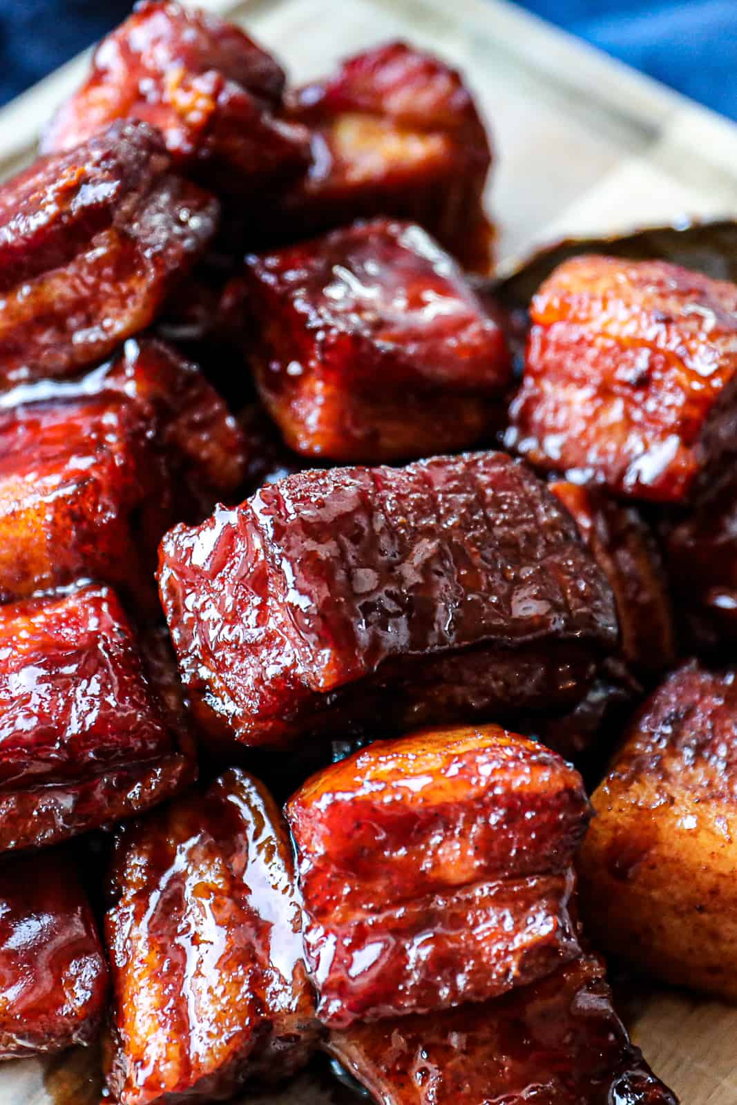 Pellet smoke flavored pork belly burnt ends with glaze
