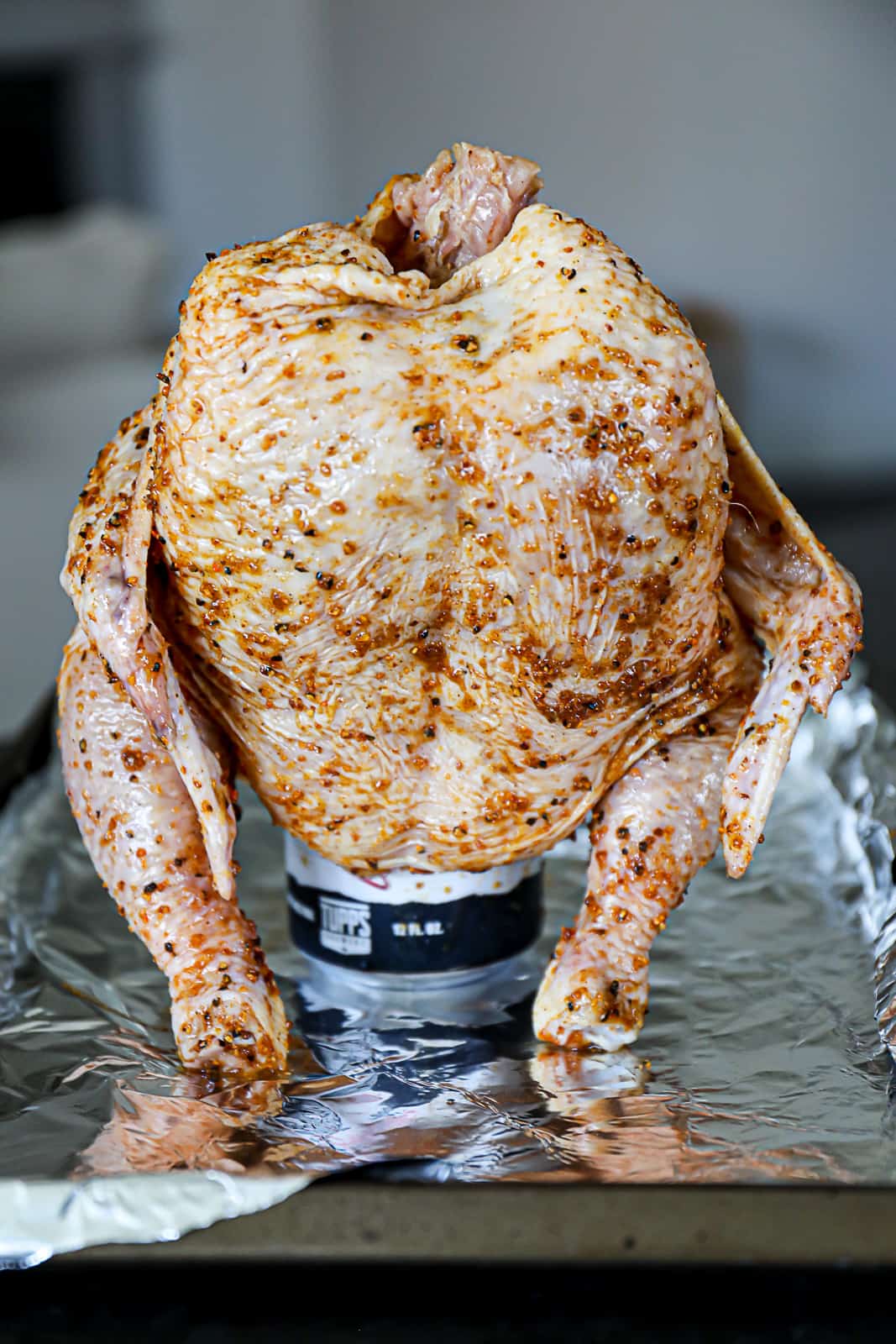 Seasoned whole chicken on a can of beer