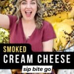 Smoked cream cheese traeger appetizer recipe photos with Jenna Passaro food blogger and text overlay