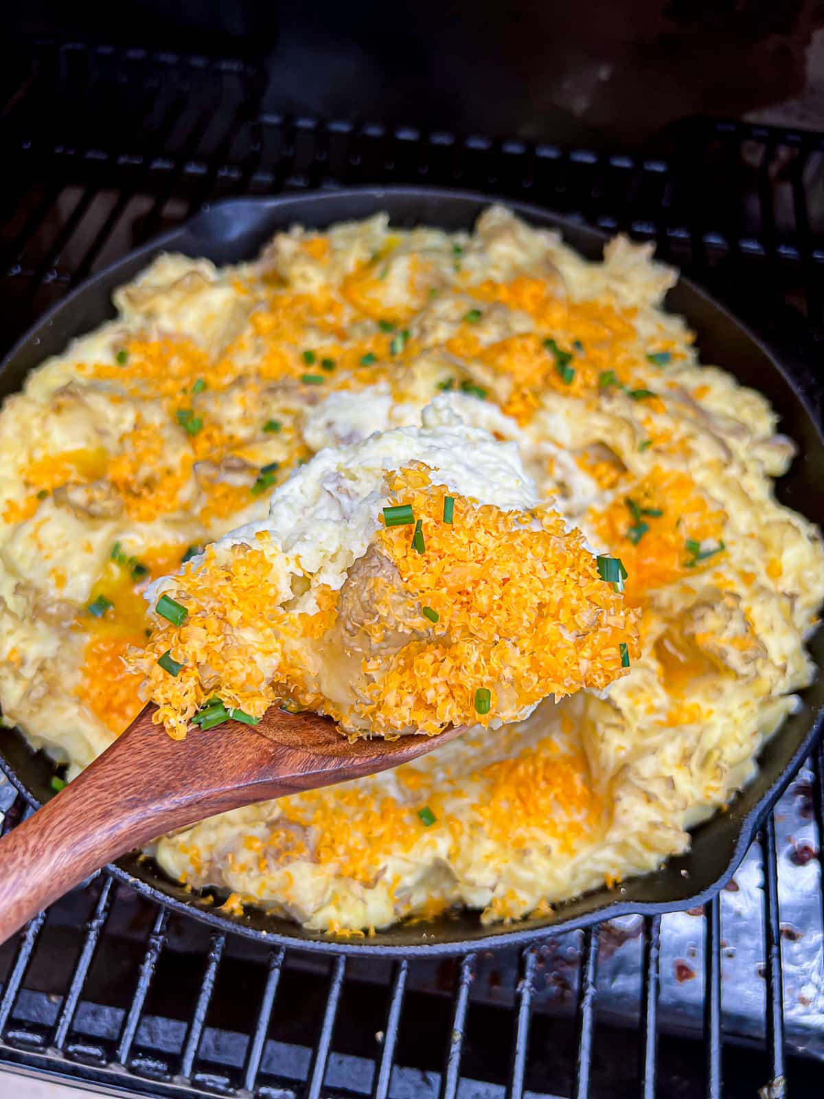 Smoky flavored mashed potatoes on the Traeger