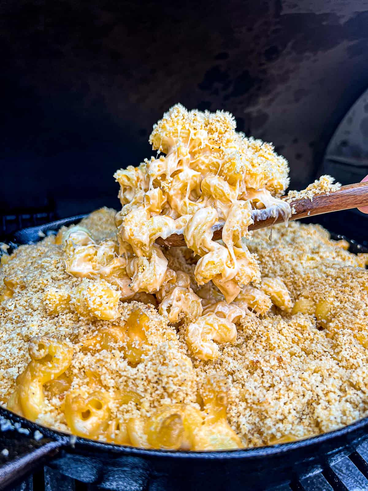 Smoky mac and cheese smoking on the pellet grill