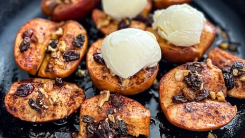 Traeger Smoked Apples Recipe Dessert In Cast Iron Skillet with Vanilla Ice Cream