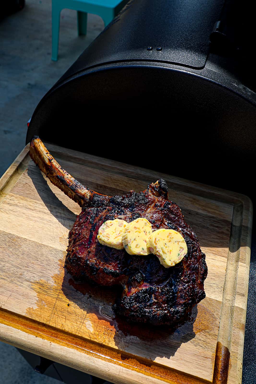 Traeger Smoked Tomahawk Steak With Compound Butter On The Traeger