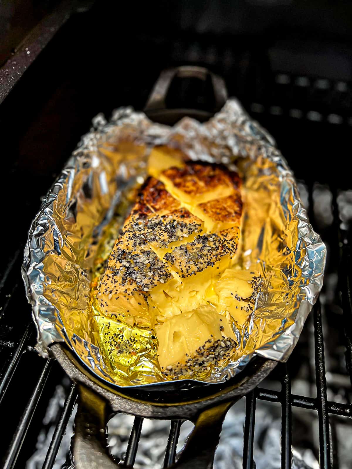 Traeger Smoking Cream Cheese In A Cast Iron Skillet With Sweet And Savory Spice Blends