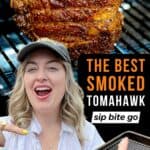 best smoked tomahawk on traeger pellet grills recipe images with food blogger Jenna Passaro and text overlay