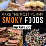 collage with images that have more smoke flavor from pellet smoking foods on the Traeger with text overlay and food blogger Jenna Passaro