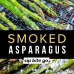 traeger smoked asparagus recipe with parmesan cheese and almond slices with Jenna Passaro from Sip Bite Go and text overlay