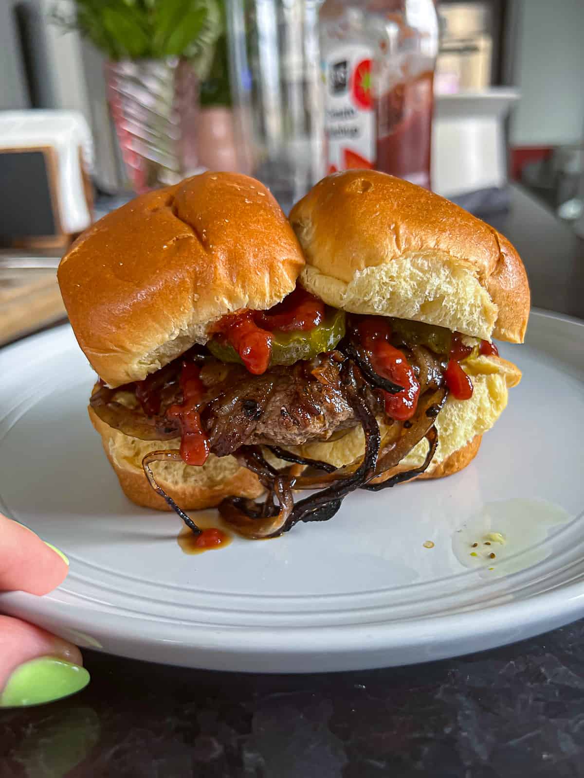 Dinner Plate With Smash Burgers With Onions