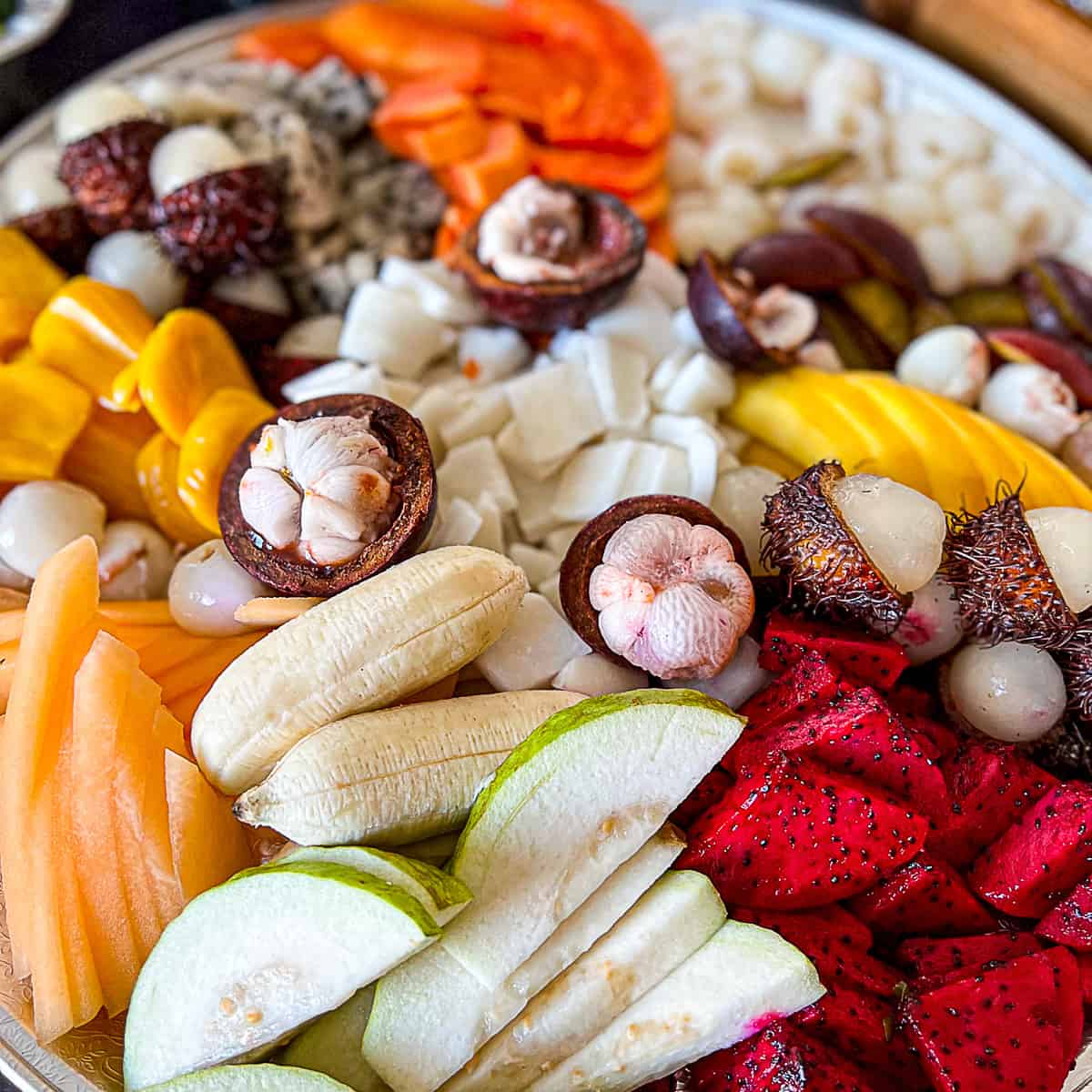 Appetizer platter board with EXOTIC ASIAN FRUITS