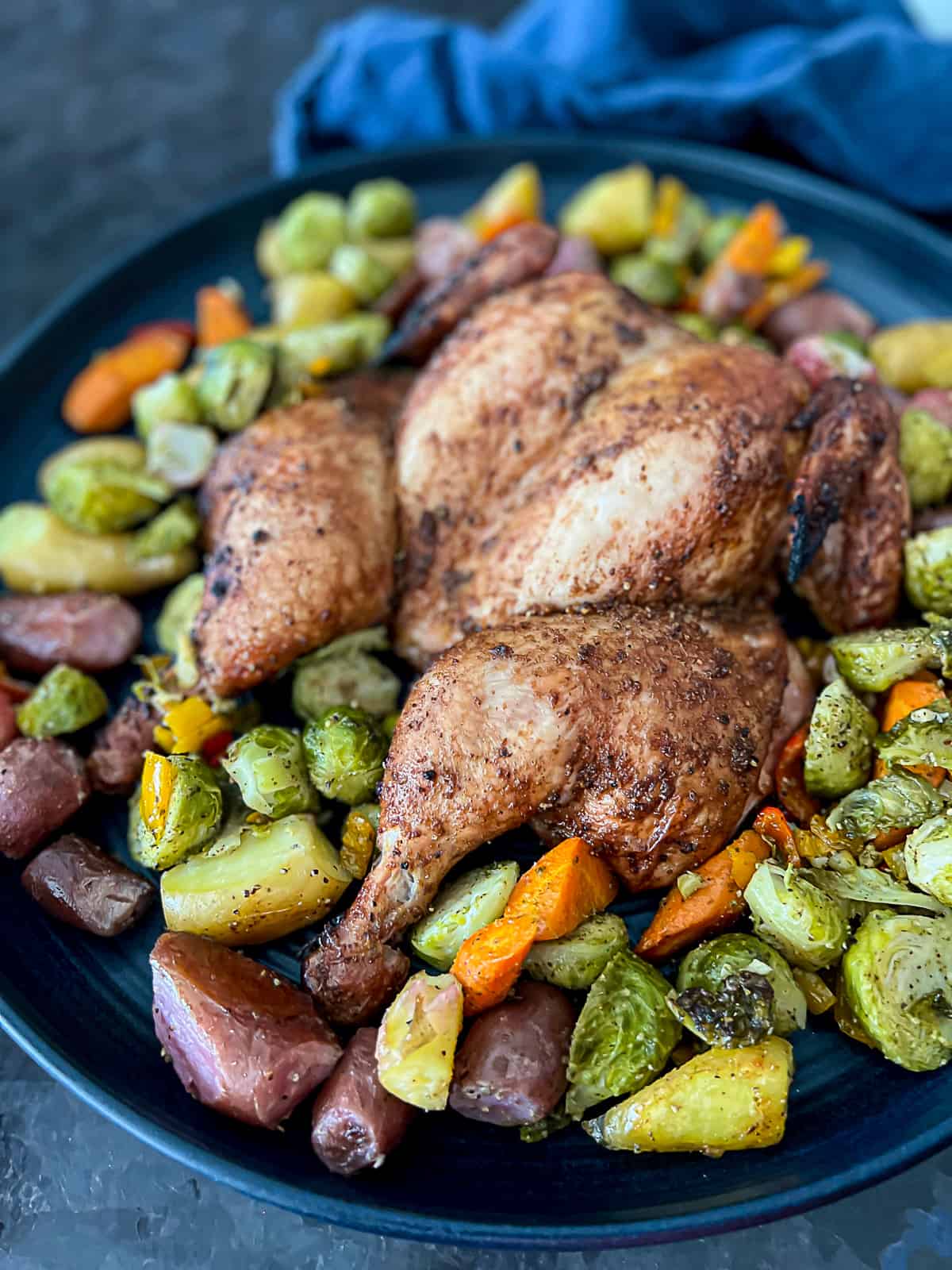 Holiday Dinner Platter With Traeger Smoker Spatchcocked Chicken And Vegetables