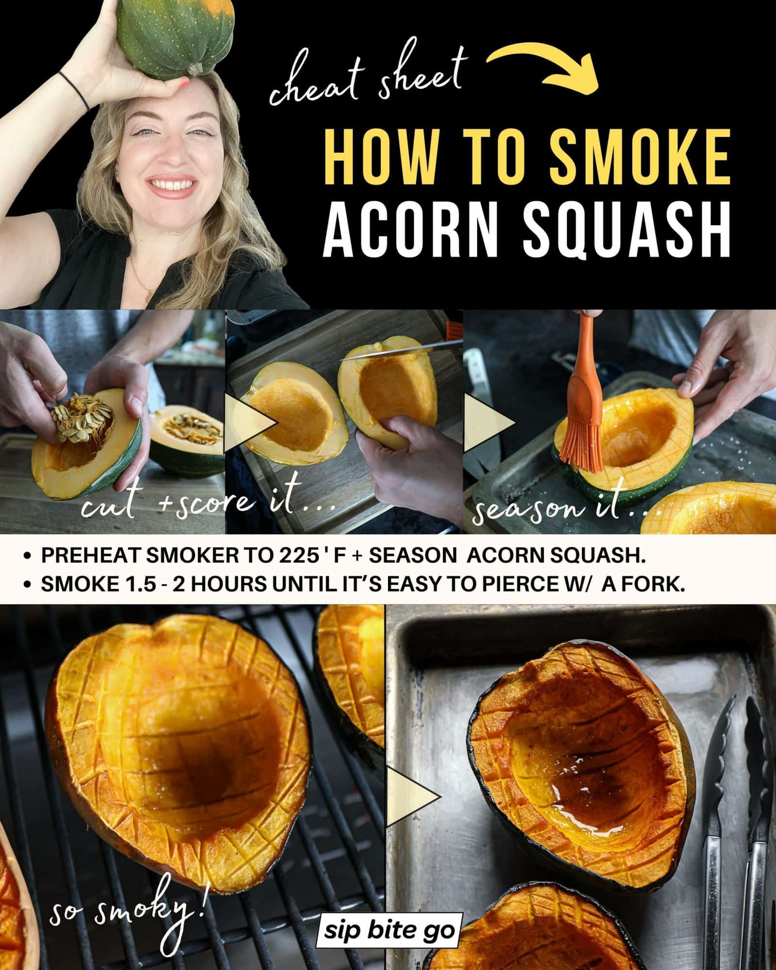 Infographic with detailed recipe steps demonstrating how to smoke acorn squash on traeger pellet smoker with Jenna Passaro food blogger from Sip Bite Go.jpg