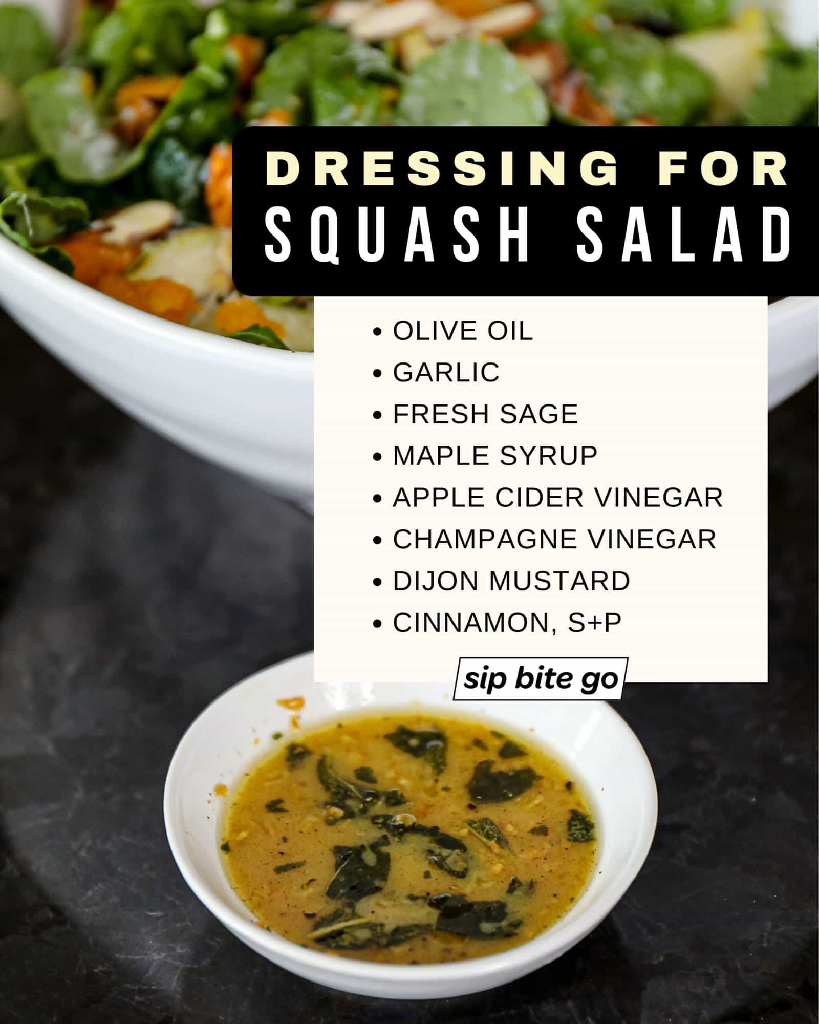 Infographic with ingredients for making butternut squash salad dressing with garlic and sage