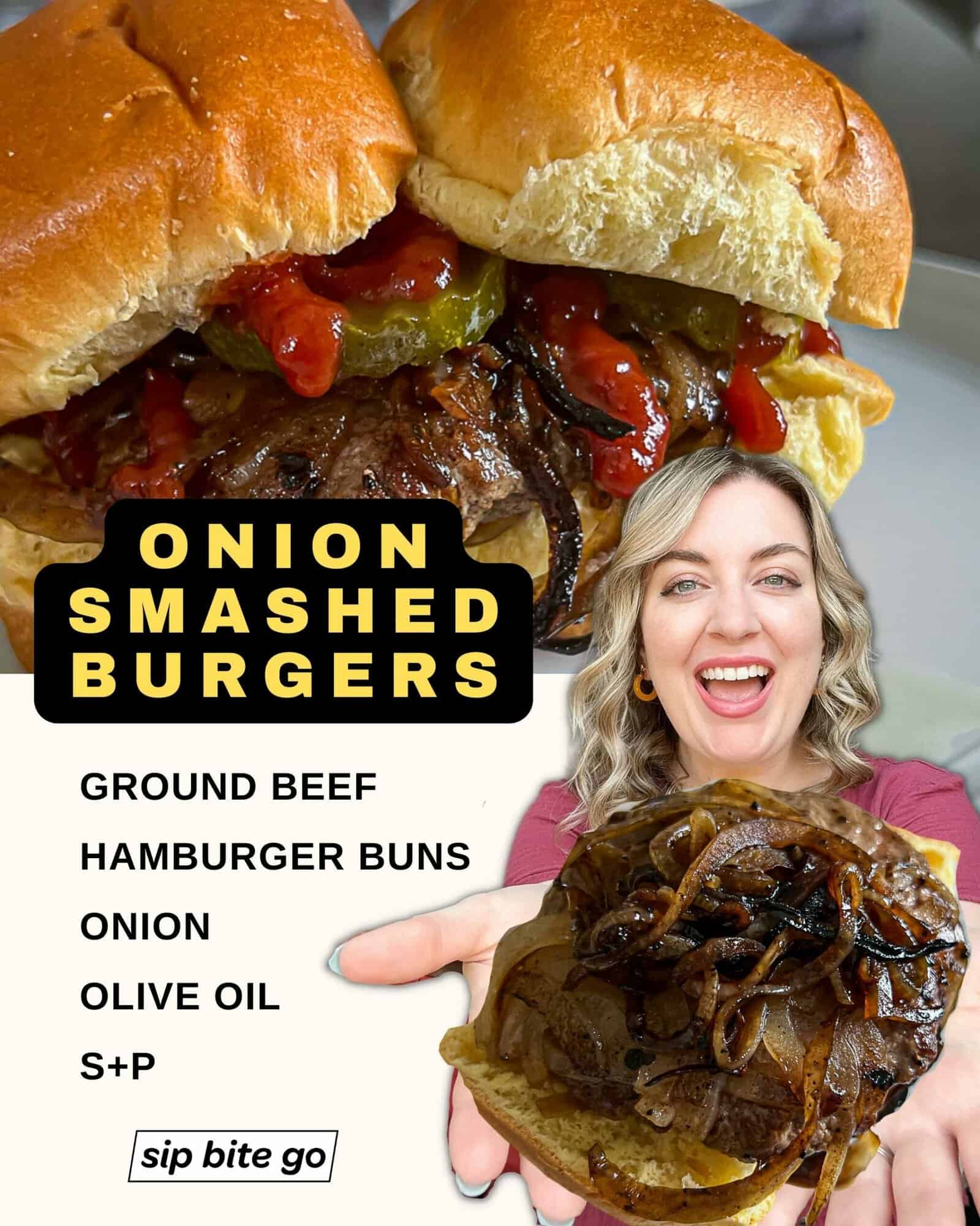 Infographic with ingredients list for smashing Oklahoma style burgers in onions