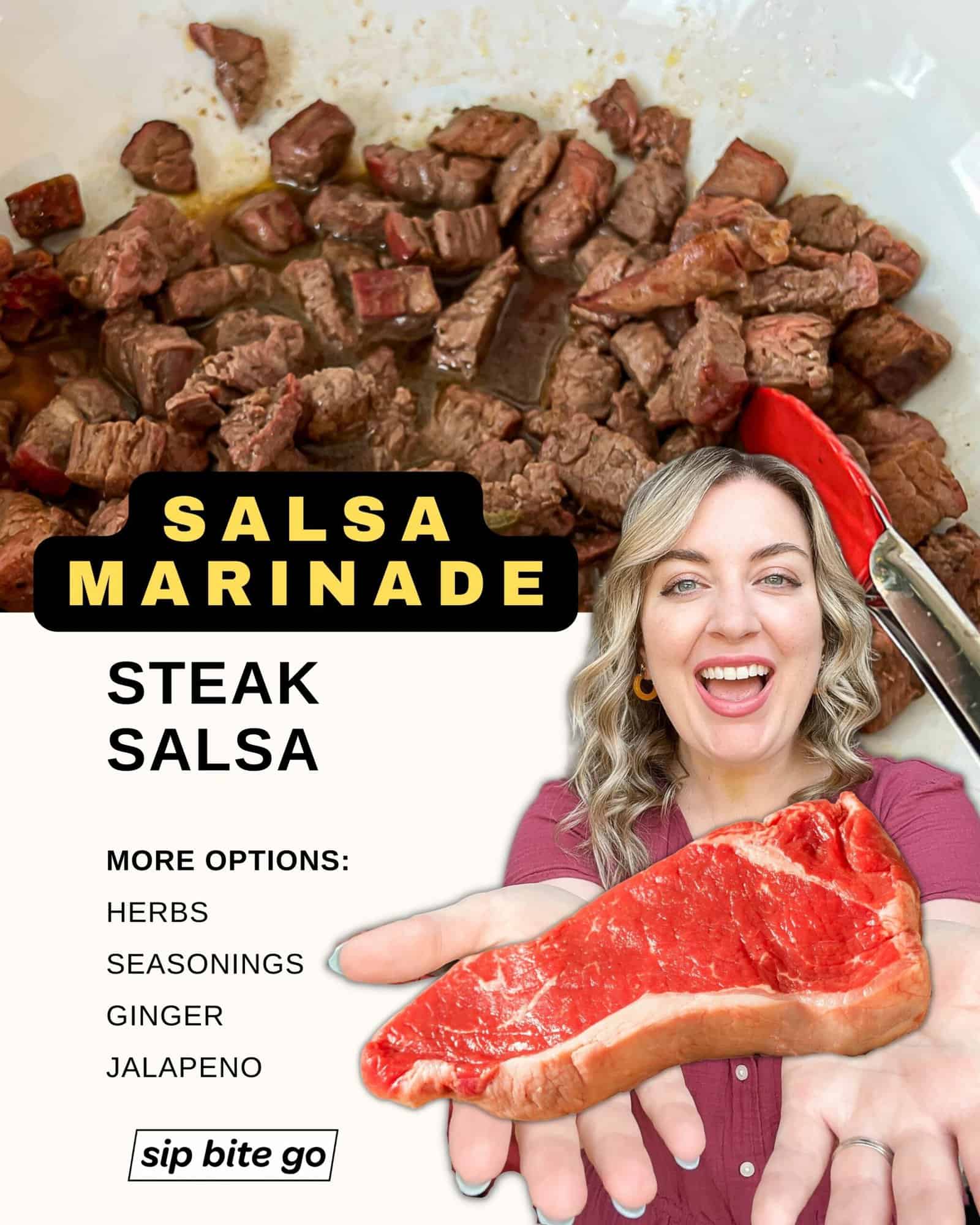 Infographic with recipe ingredients and list of what you need to marinate smoked or grilled steak in Salsa