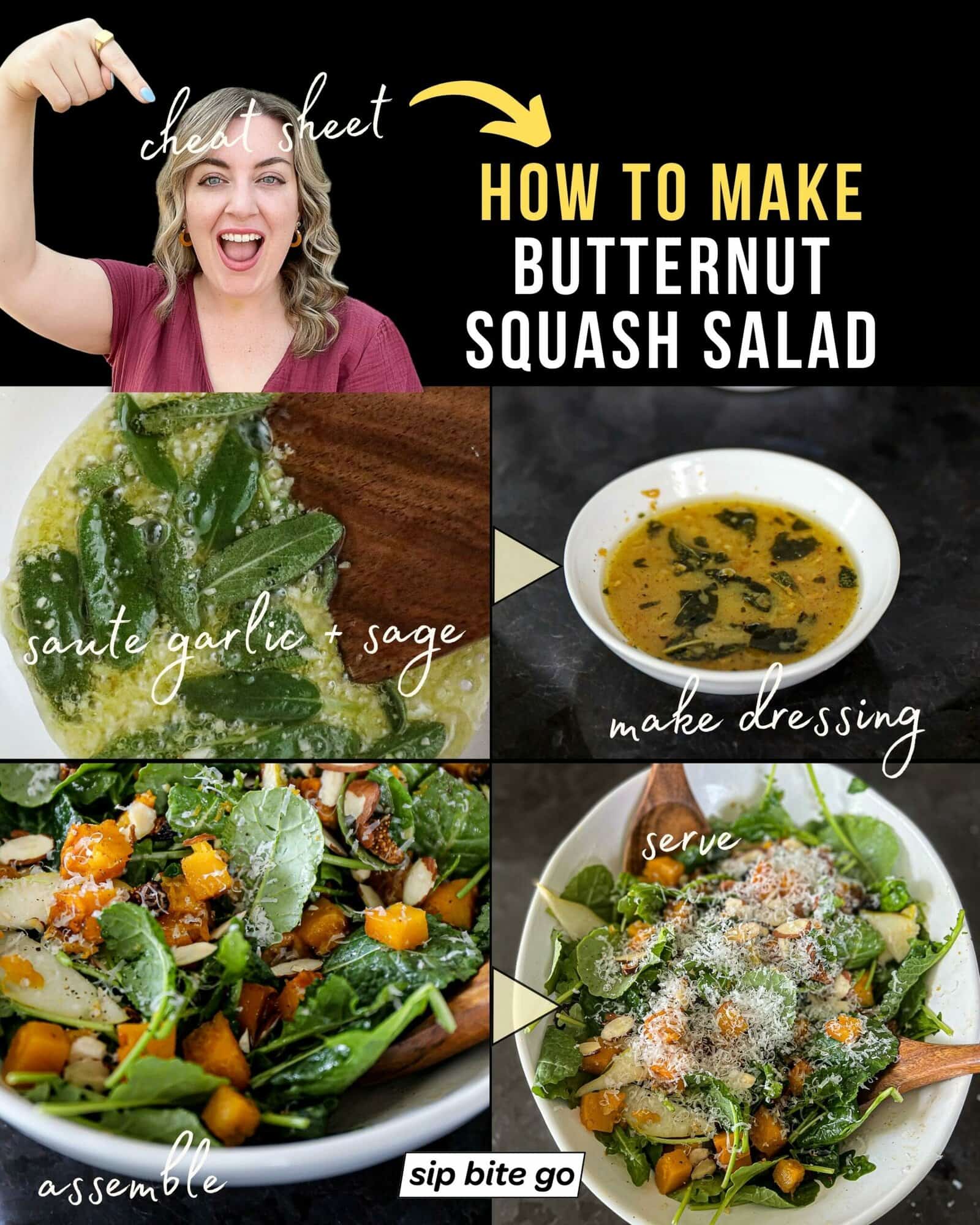 Infographic with steps and captions demonstrating how to make butternut squash salad