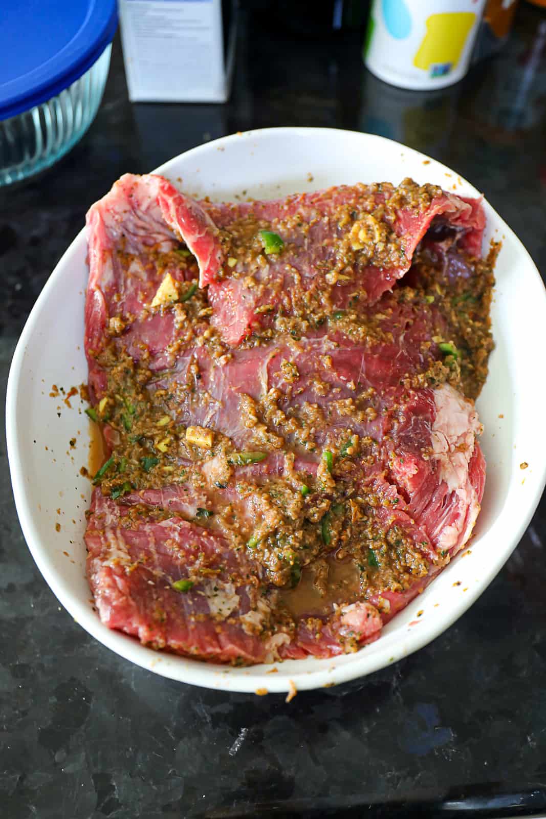 Steak Marinating In Salsa Before Smoking On The Traeger Pellet Grill