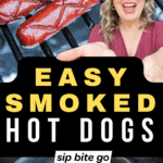Traeger Smoked Hot Dogs Recipe images on the smoker with text overlay