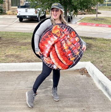 Adult BBQ grill halloween costume for foodies on woman Jenna Passaro food blogger from sip bite go