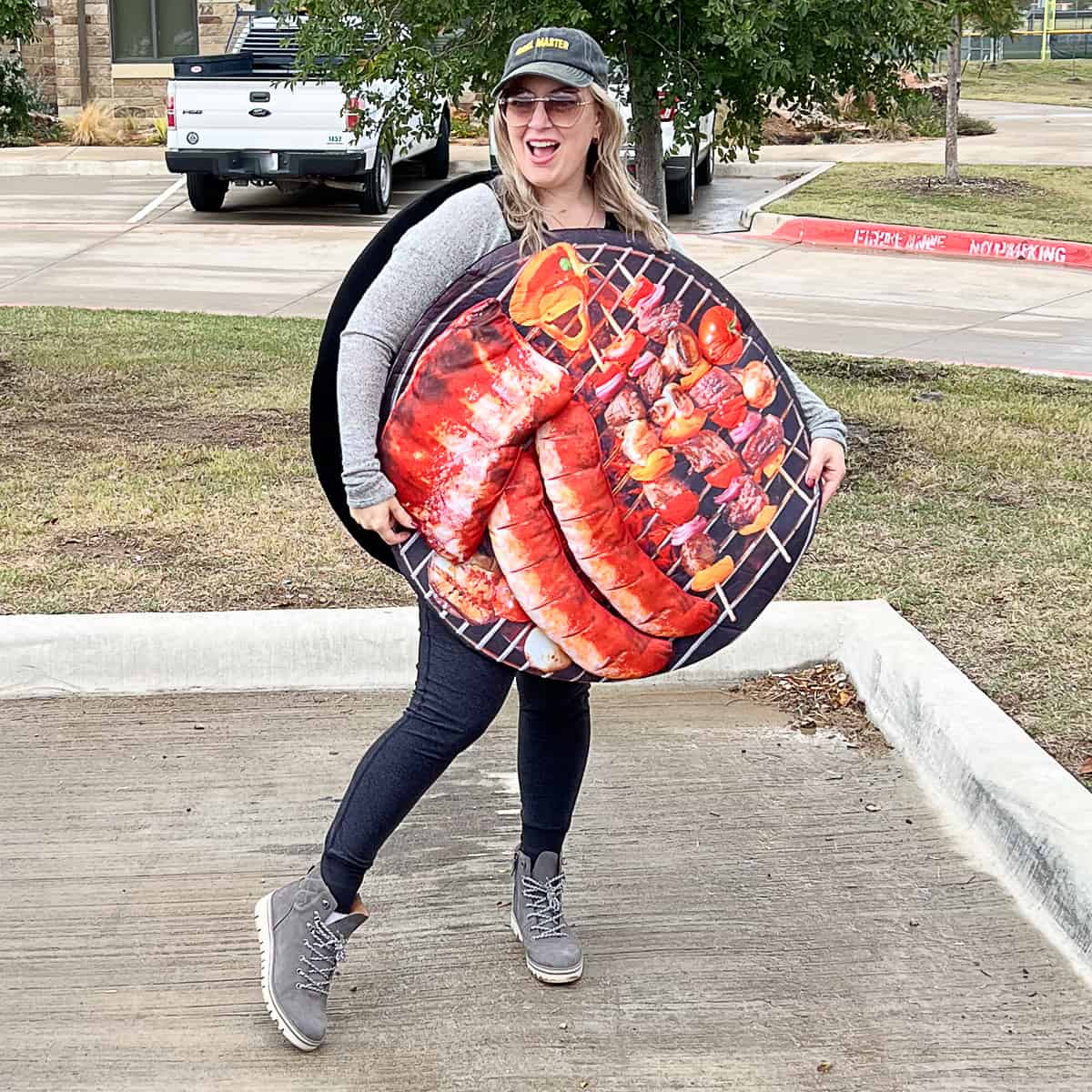 Adult BBQ grill halloween costume for foodies on woman Jenna Passaro food blogger from sip bite go