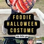 Adult BBQ grill halloween costume idea with trunk or treat campsite and text overlay