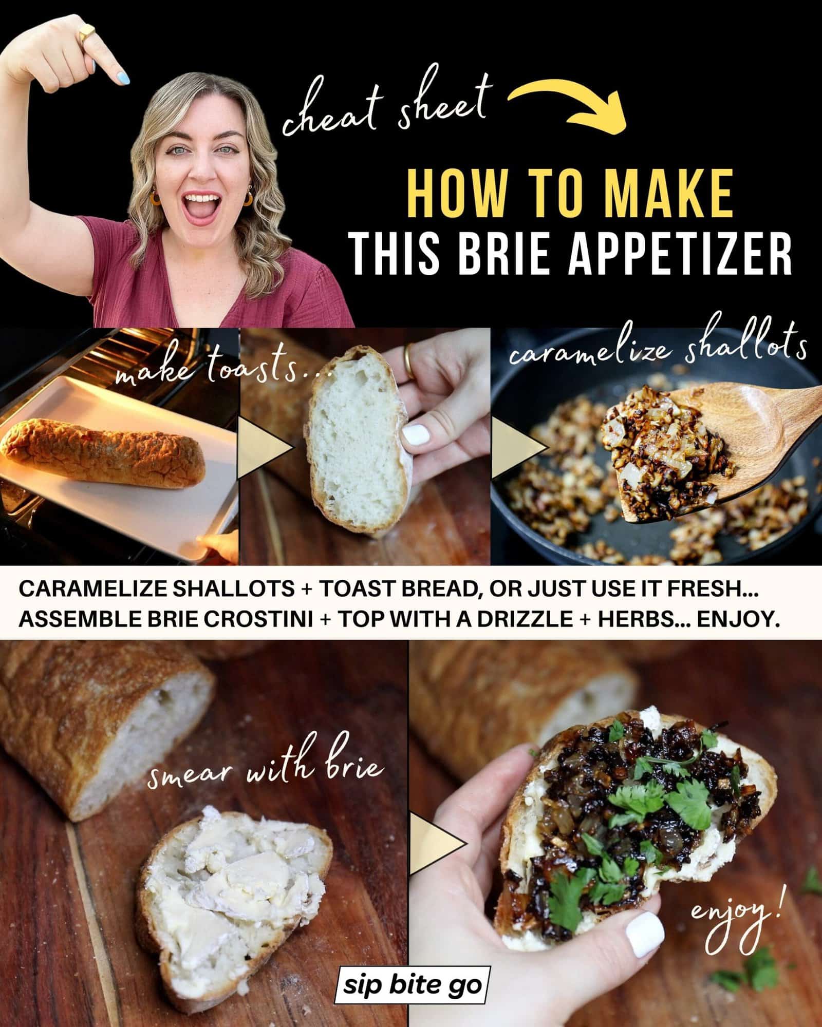 Infographic with detailed recipe steps and captions for making caramelized shallots and baked brie crostinis 
