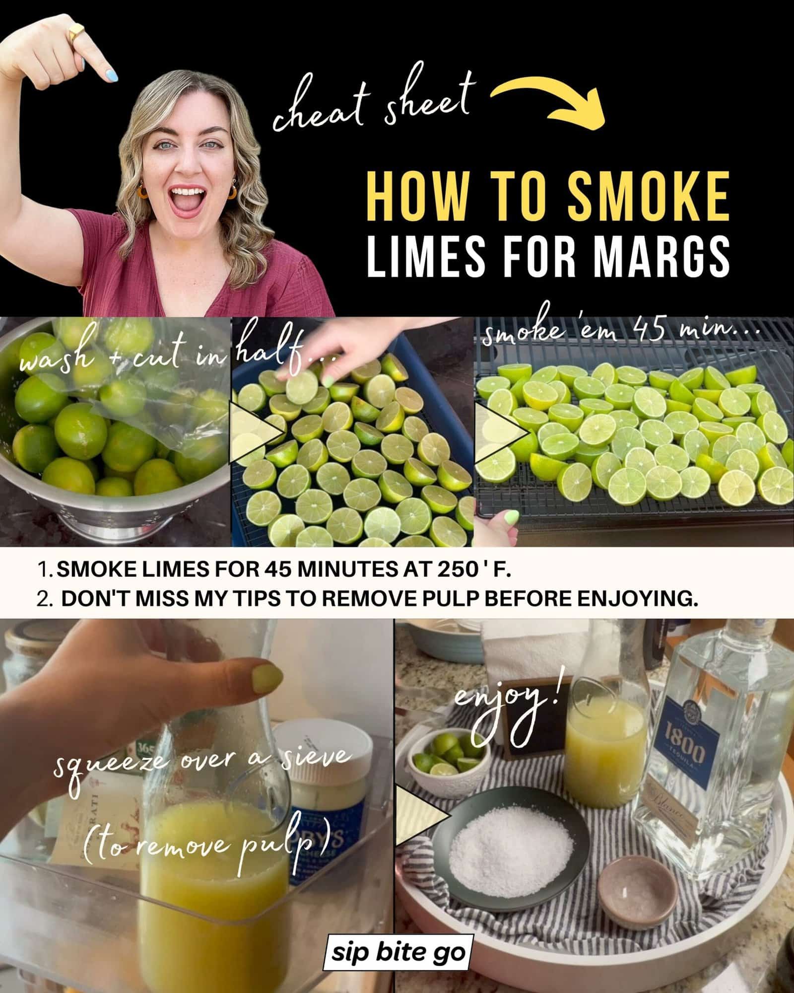 Infographic with smoked margarita recipe with Traeger smoked limes and captions with Jenna Passaro food blogger of Sip Bite Go