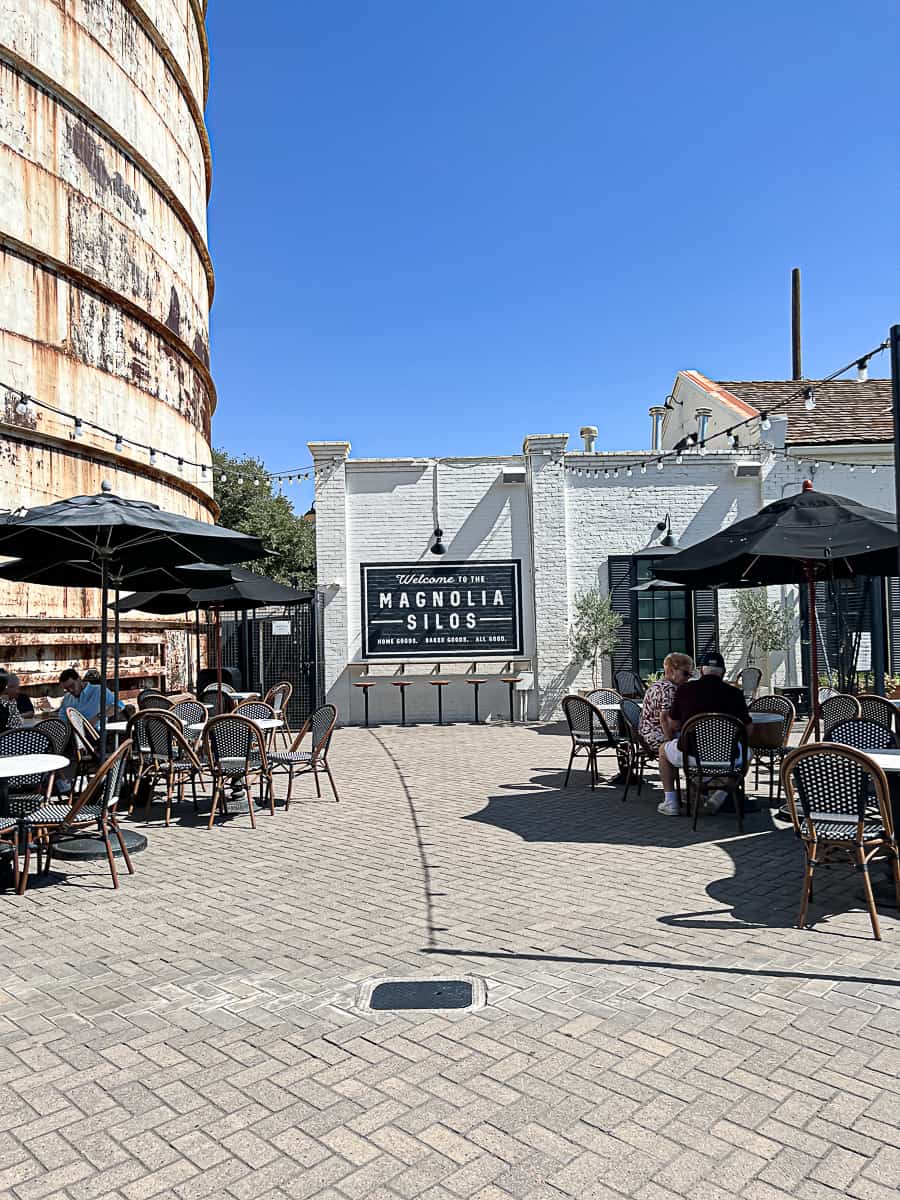 Magnolia Silos Welcome Sign and Patio in Waco Texas