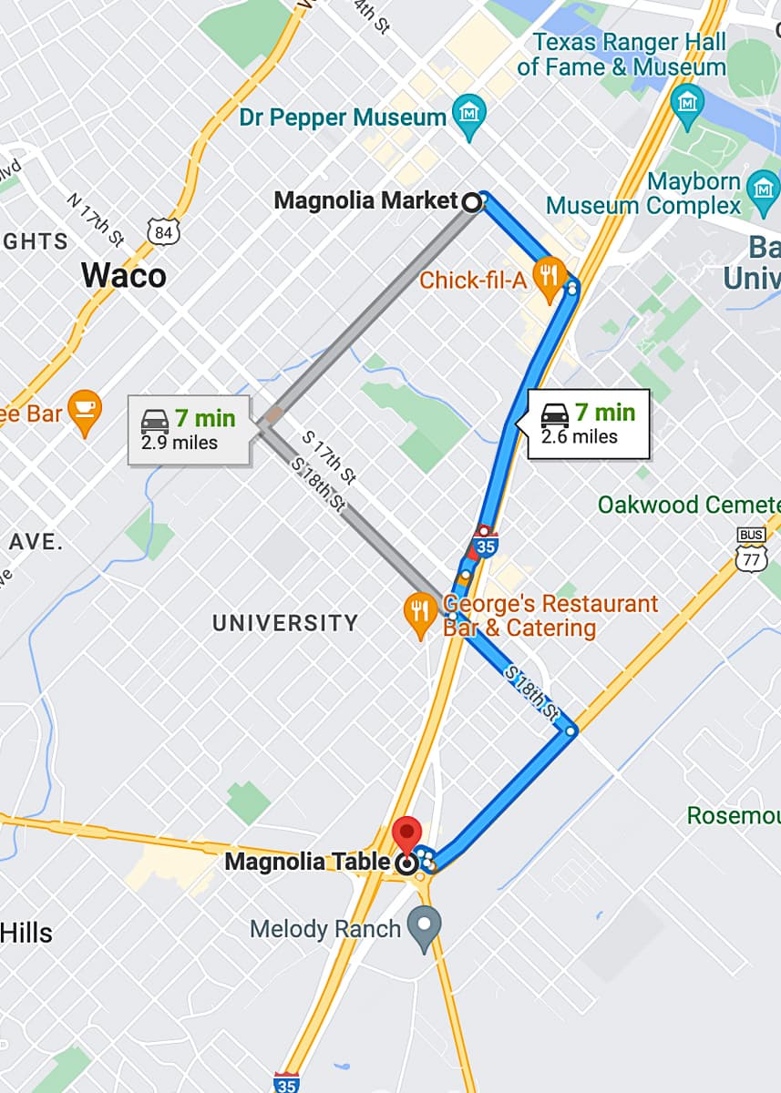 Map showing how far is waco texas magnolia silos from magnolia table restaurant and cafe
