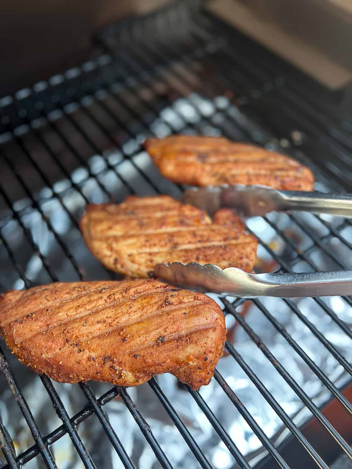 Smoked chicken breast made with bear mountain pellets on the Traeger smoker