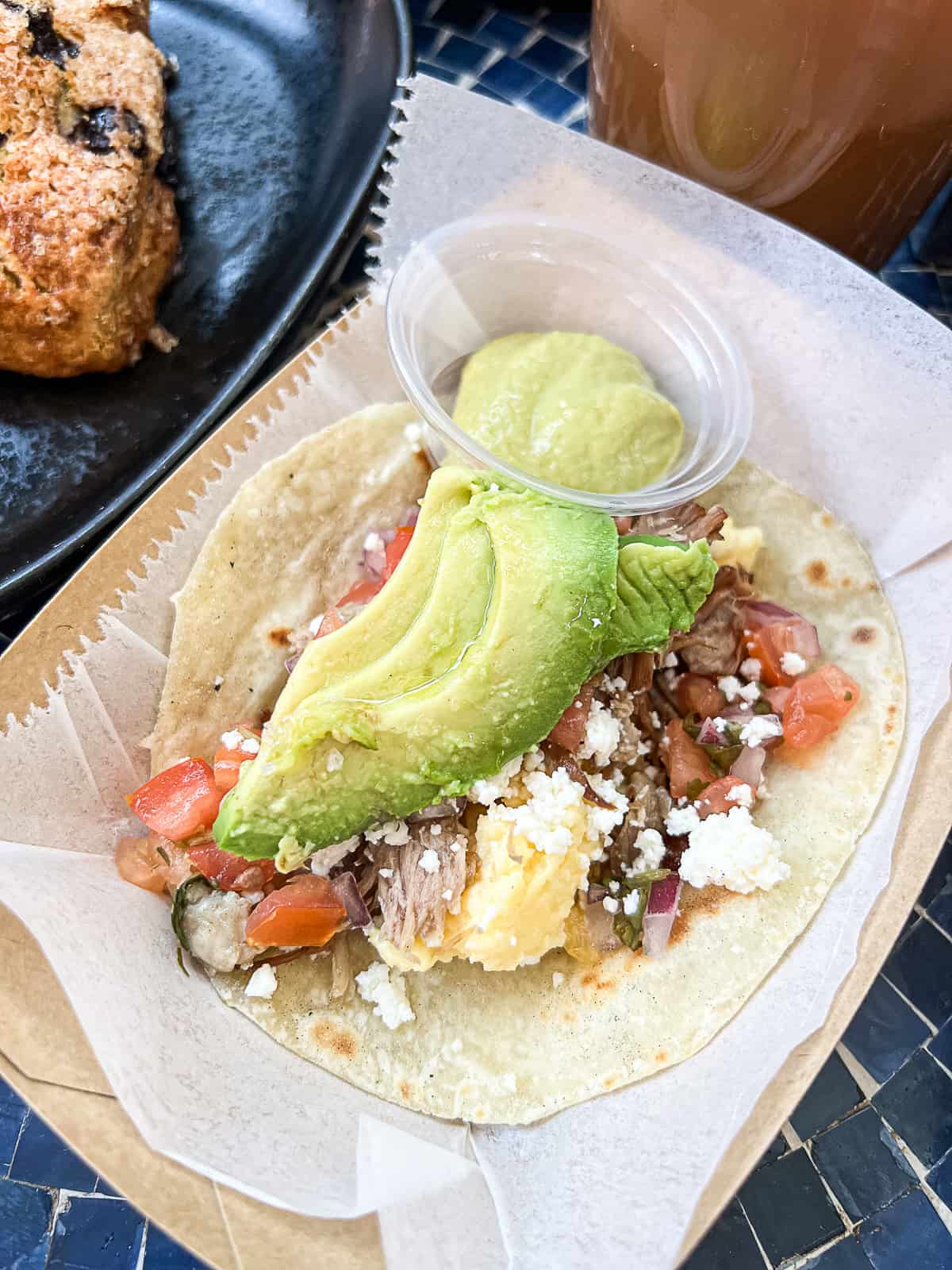 pork carnitas breakfast taco from the menu of Try Hard Coffee in Austin