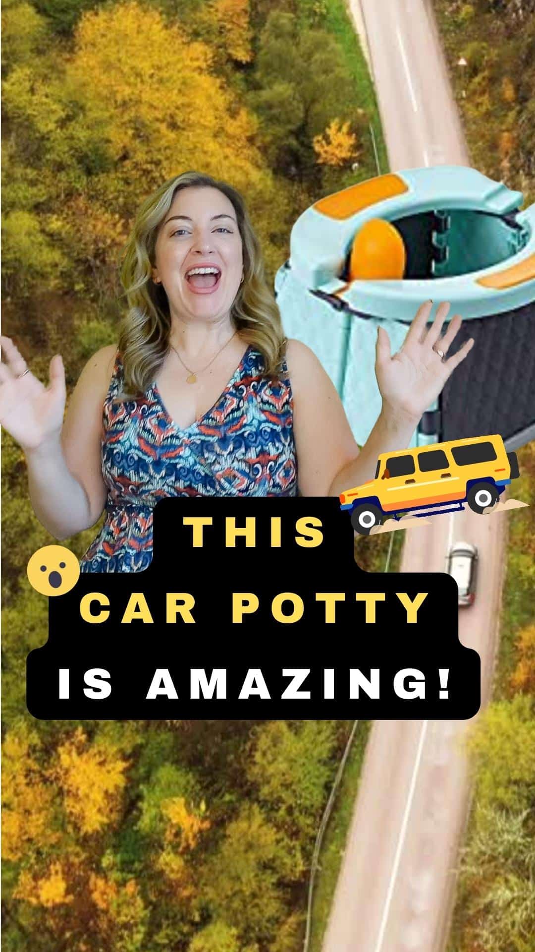 portable potty for car with text overlay and car trip vacation photo with travel blogger