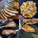 Collage with Traeger smoked thanksgiving day foods to make on the BBQ pellet grill