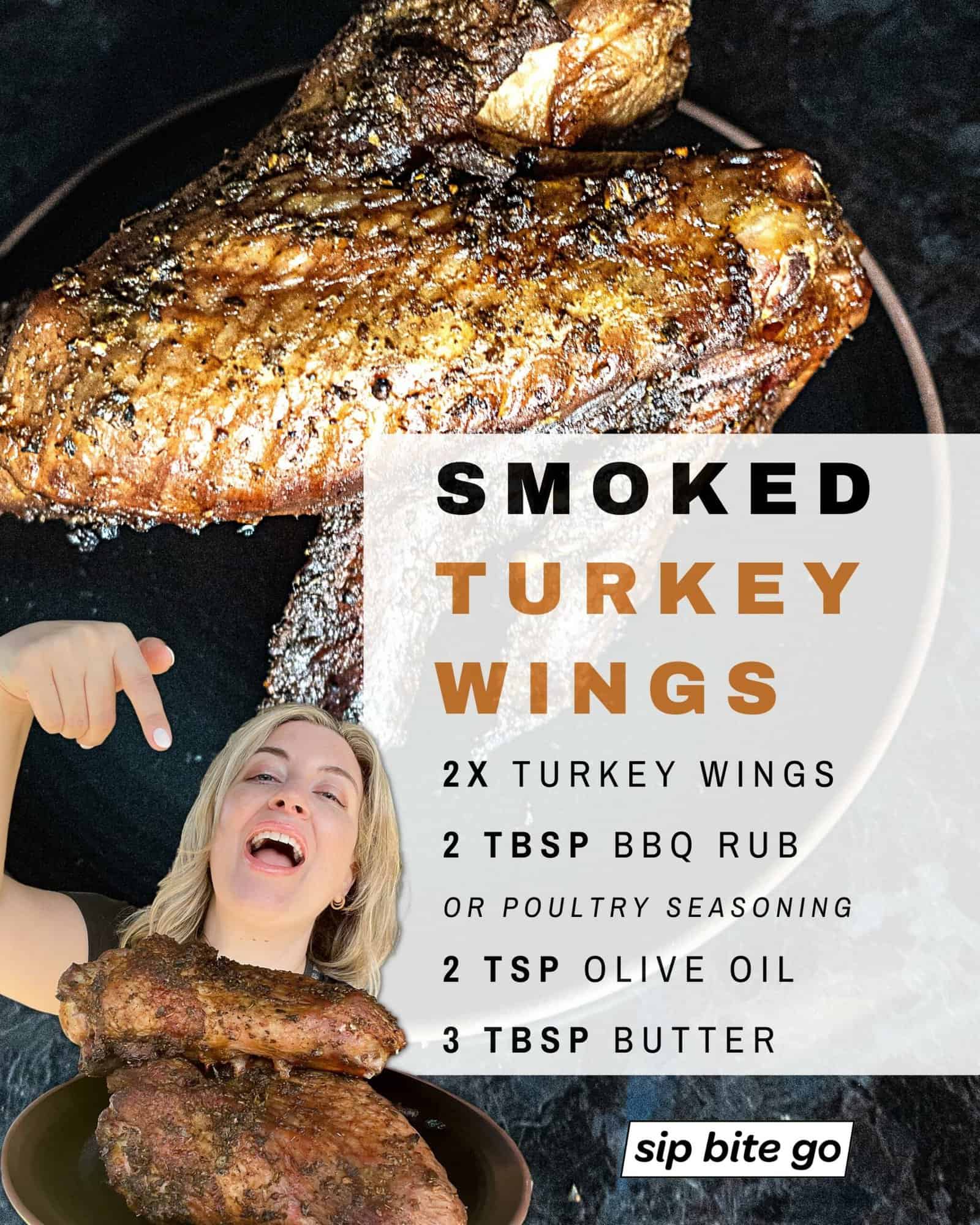 Infographic with Jenna Passaro food blogger and text caption with ingredients list for smoking Turkey Wings