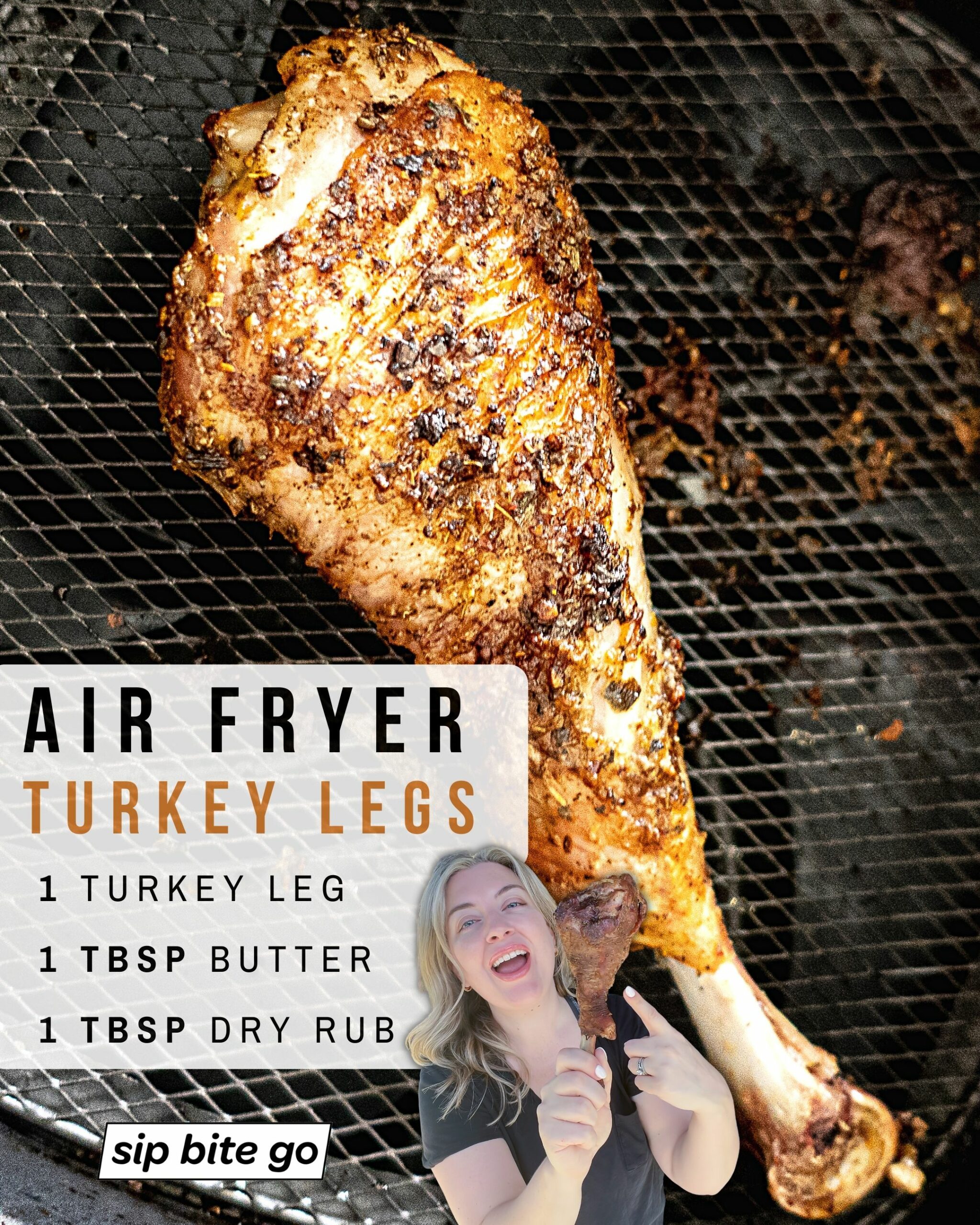Infographic with ingredients list for making air fryer turkey legs with Jenna Passaro food blogger from Sip Bite Go