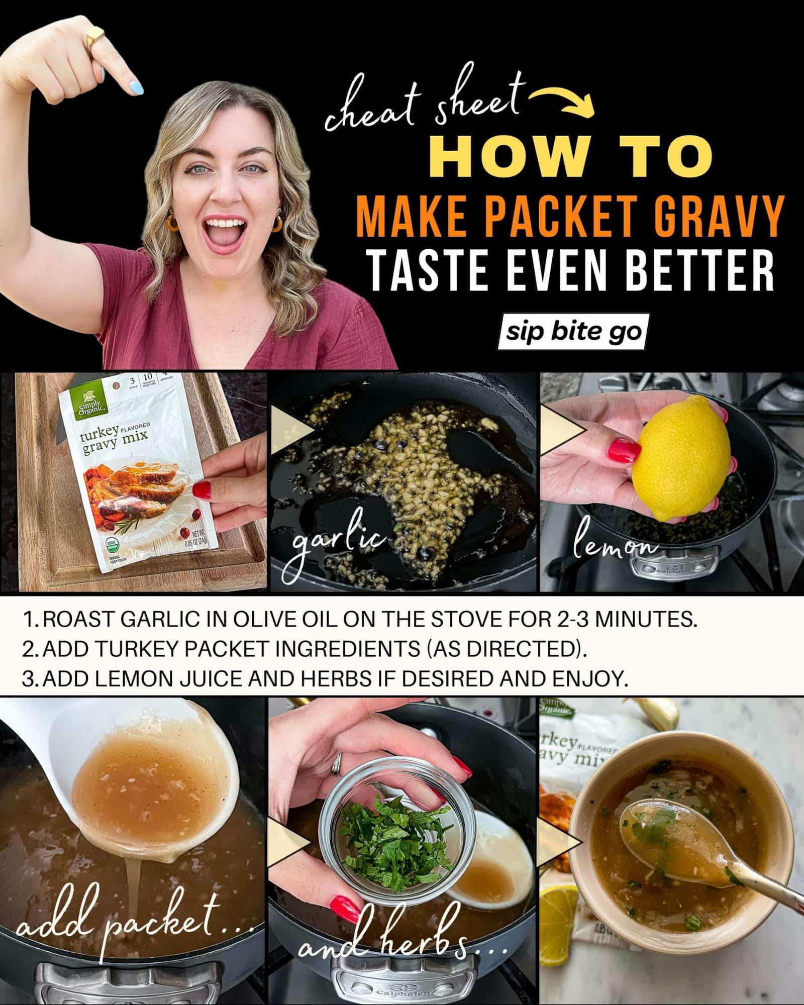 Infographic with step by step recipe for how to make turkey gravy packet better with fresh ingredients
