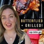 Recipe images of butterflied grilled chicken legs with Jenna Passaro food blogger holding tongs and text overlay