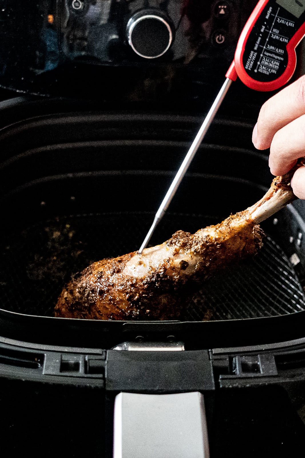 Taking the Air Fryer Turkey Legs Done Temperature with an internal read thermometer
