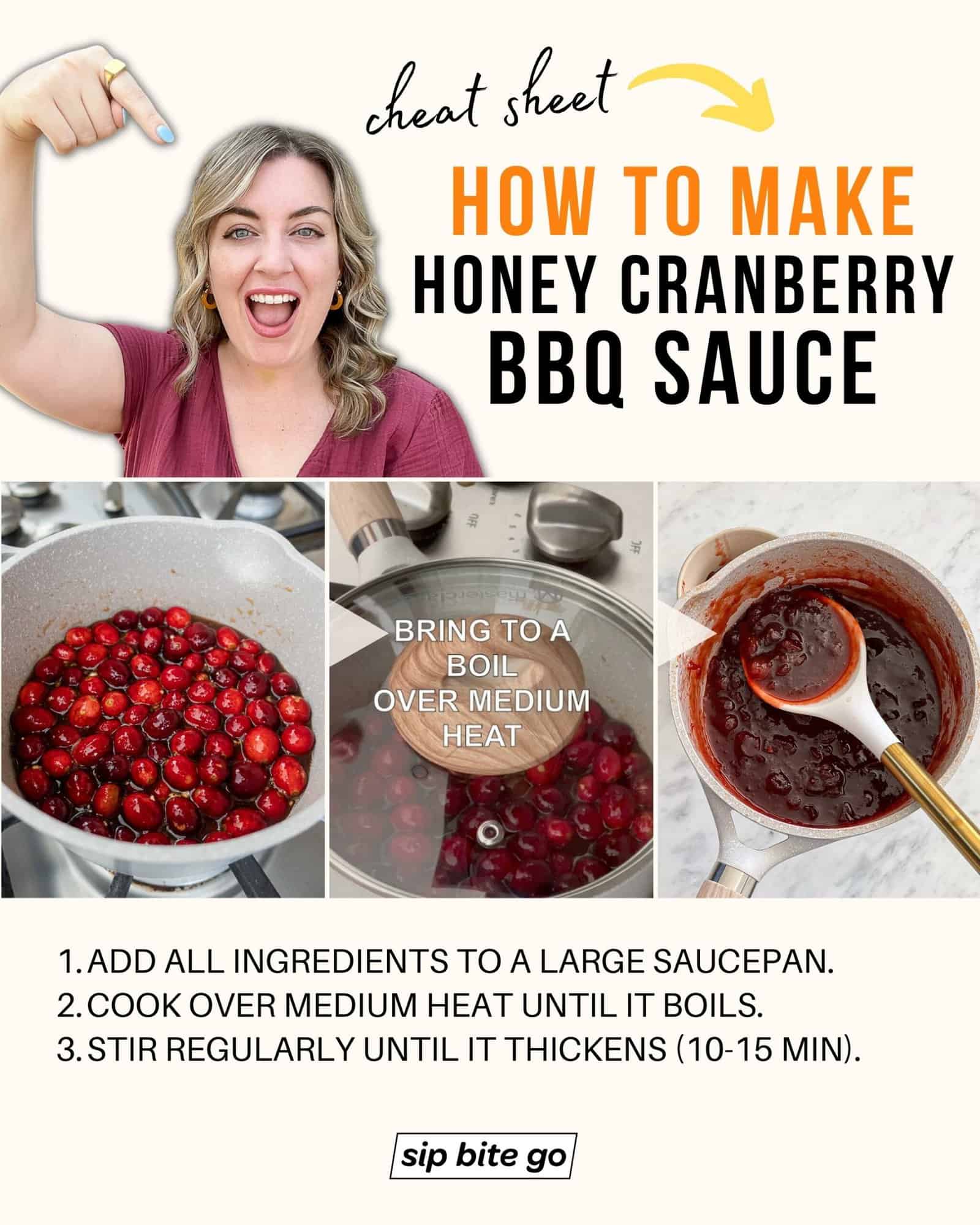 Infographic demonstrating How to make Honey Cranberry BBQ Sauce with Jenna Passaro from Sip Bite Go food blog