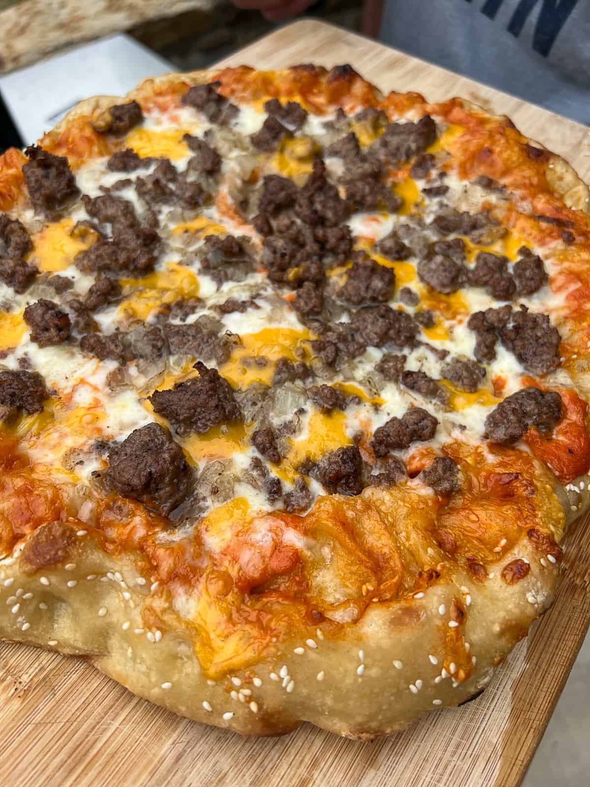 Cheeseburger Pizza Recipe With Mustard Pickles and Sesame seed crust