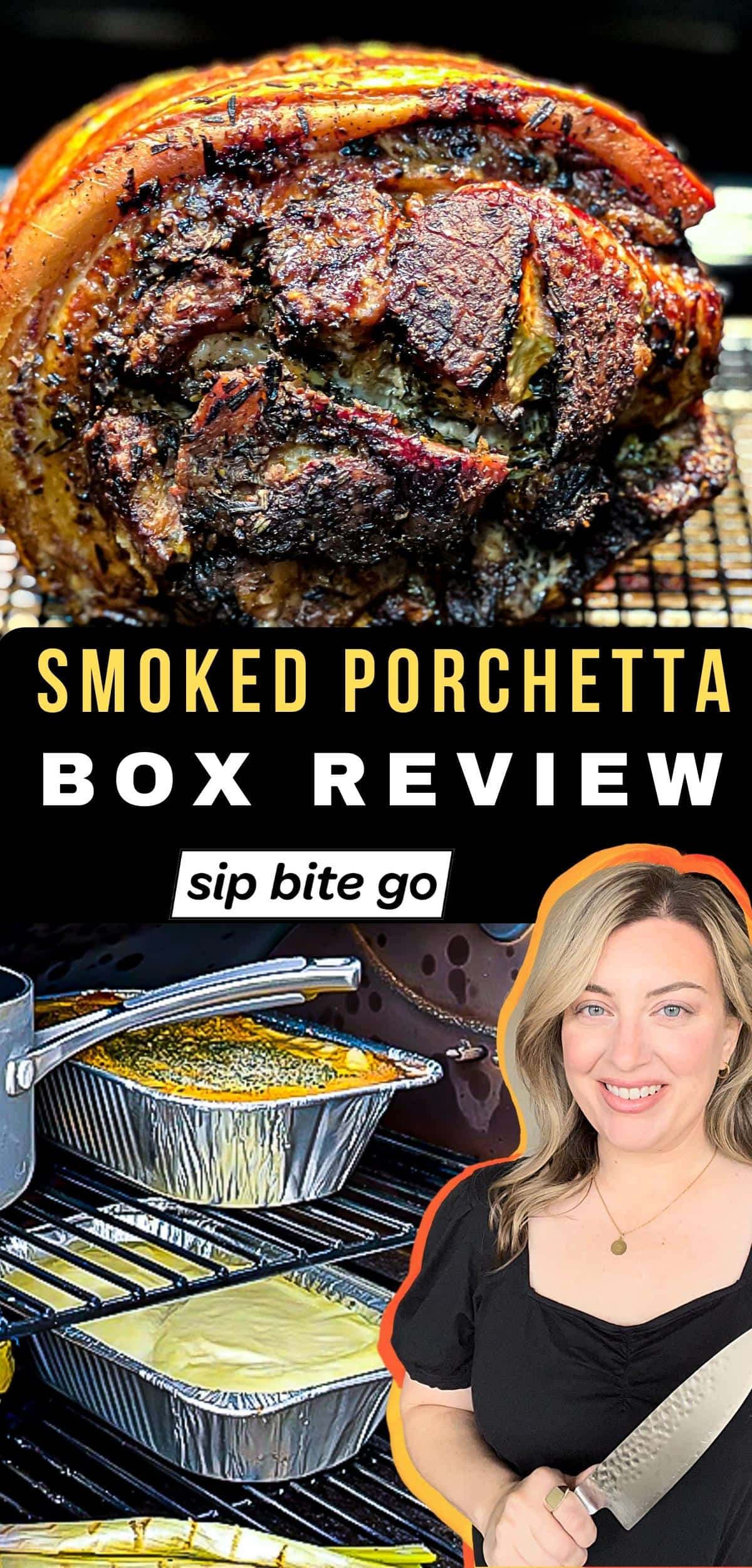 Smoked Porchetta Meal Delivery Box Traeger Provisions Review with Sip Bite Go logo