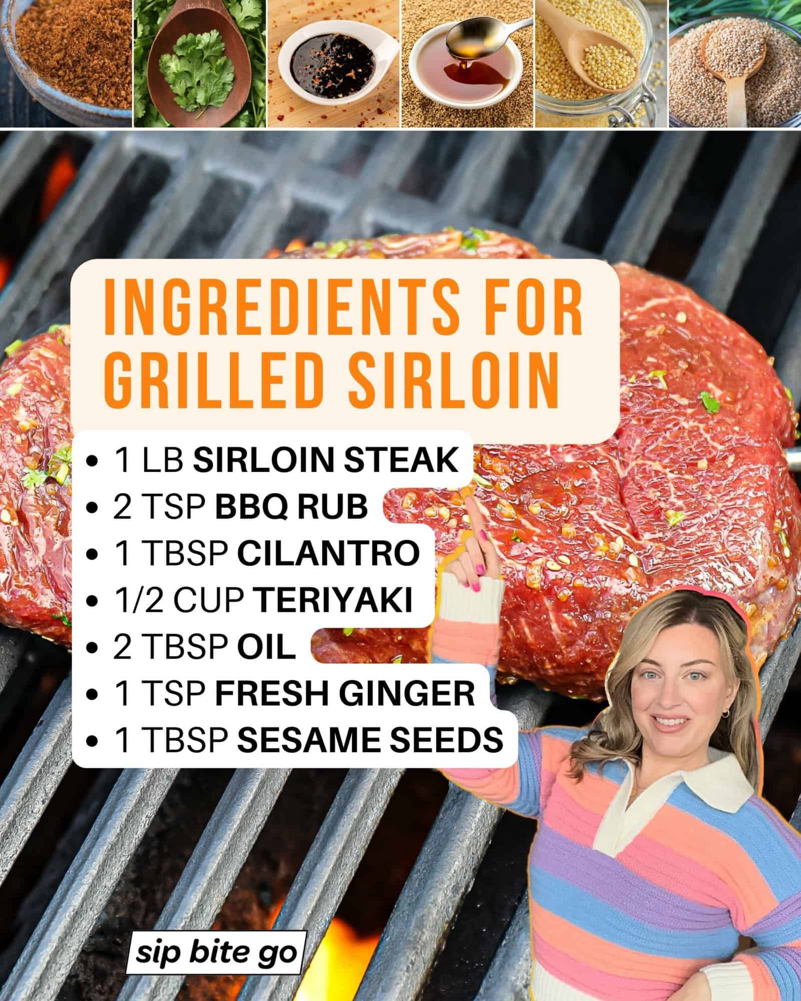 Infographic with ingredients for grilled sirloin steak recipe with Jenna Passaro from Sip Bite Go