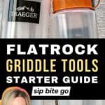 Traeger Flatrock Flat Top Accessories Essentials Kit for Griddle with text overlay and Sip Bite Go logo