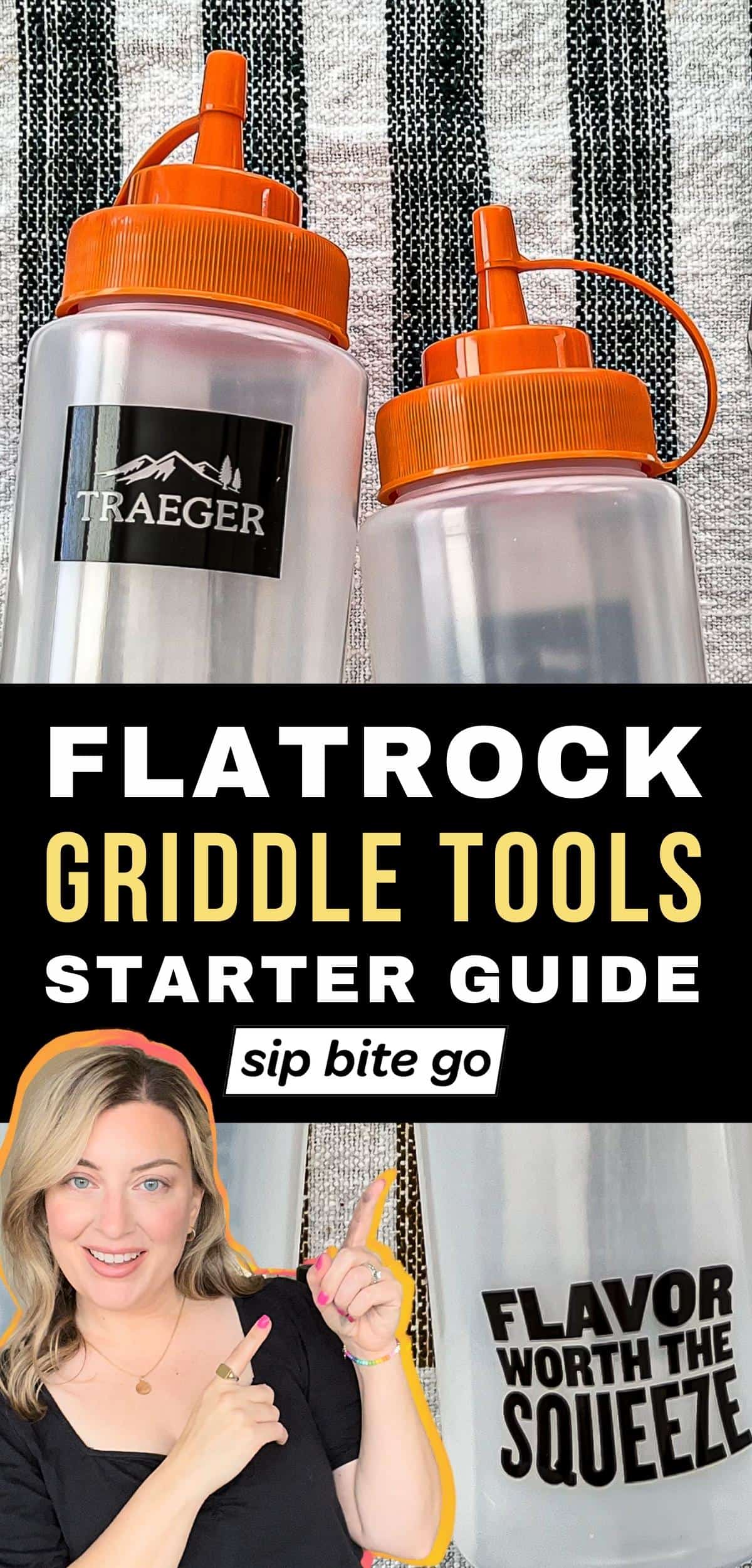 Traeger Flatrock Flat Top Accessories Essentials Kit for Griddle with text overlay and Sip Bite Go logo