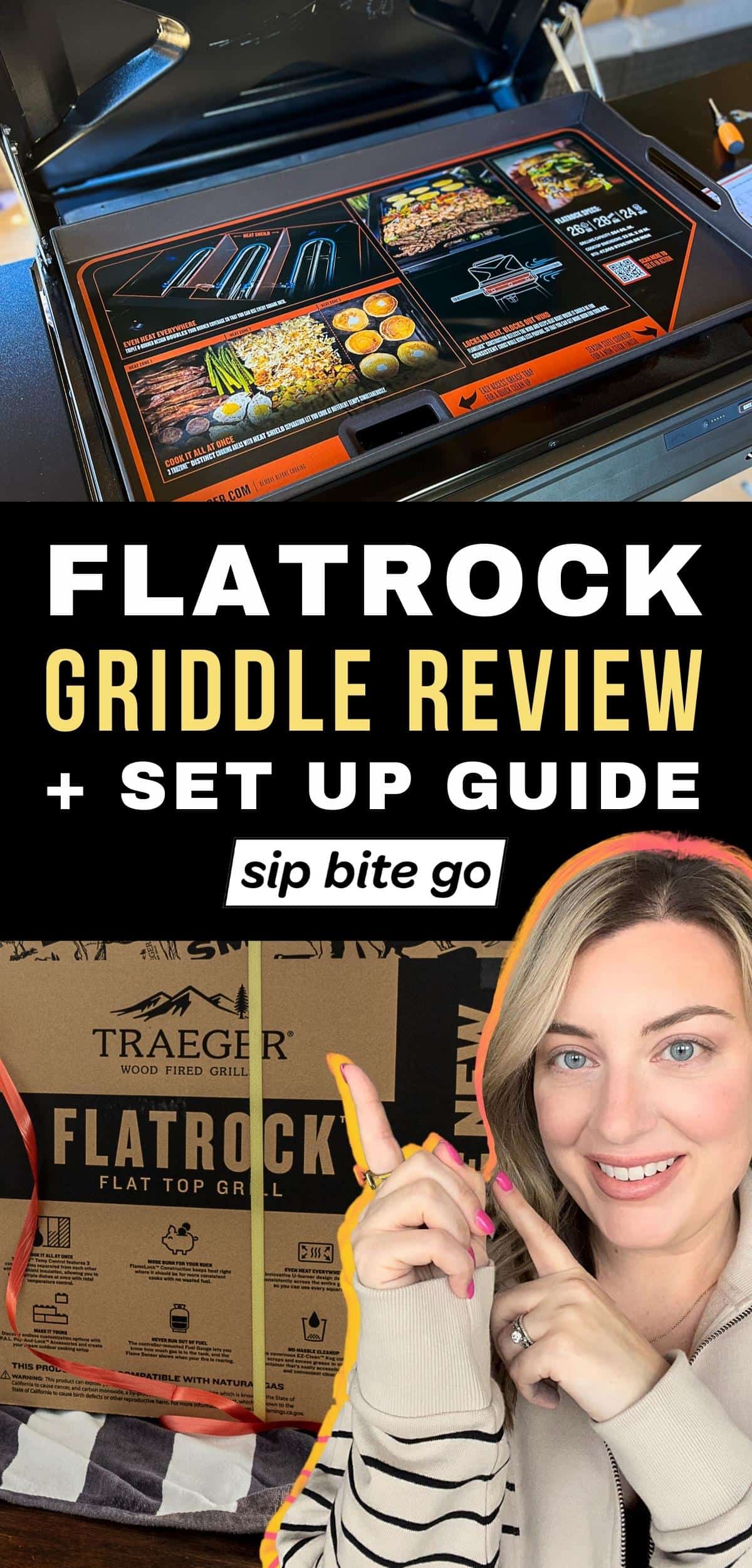 Traeger Flatrock Griddle Review and Set Up Guide with text overlay and Sip Bite Go logo