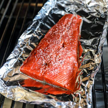 Traeger smoked salmon filet recipe on tin foil on the pellet grill