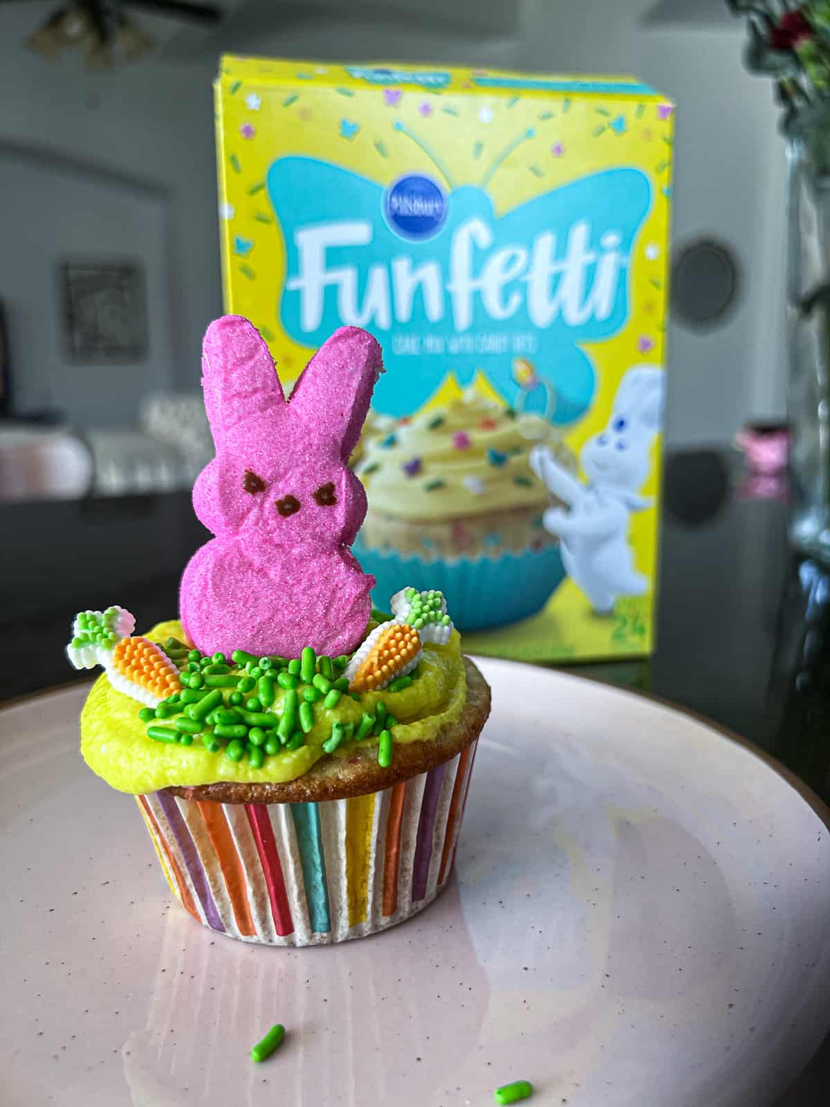 Bunny Topped Easter Funfetti Cupcakes with box mix in background