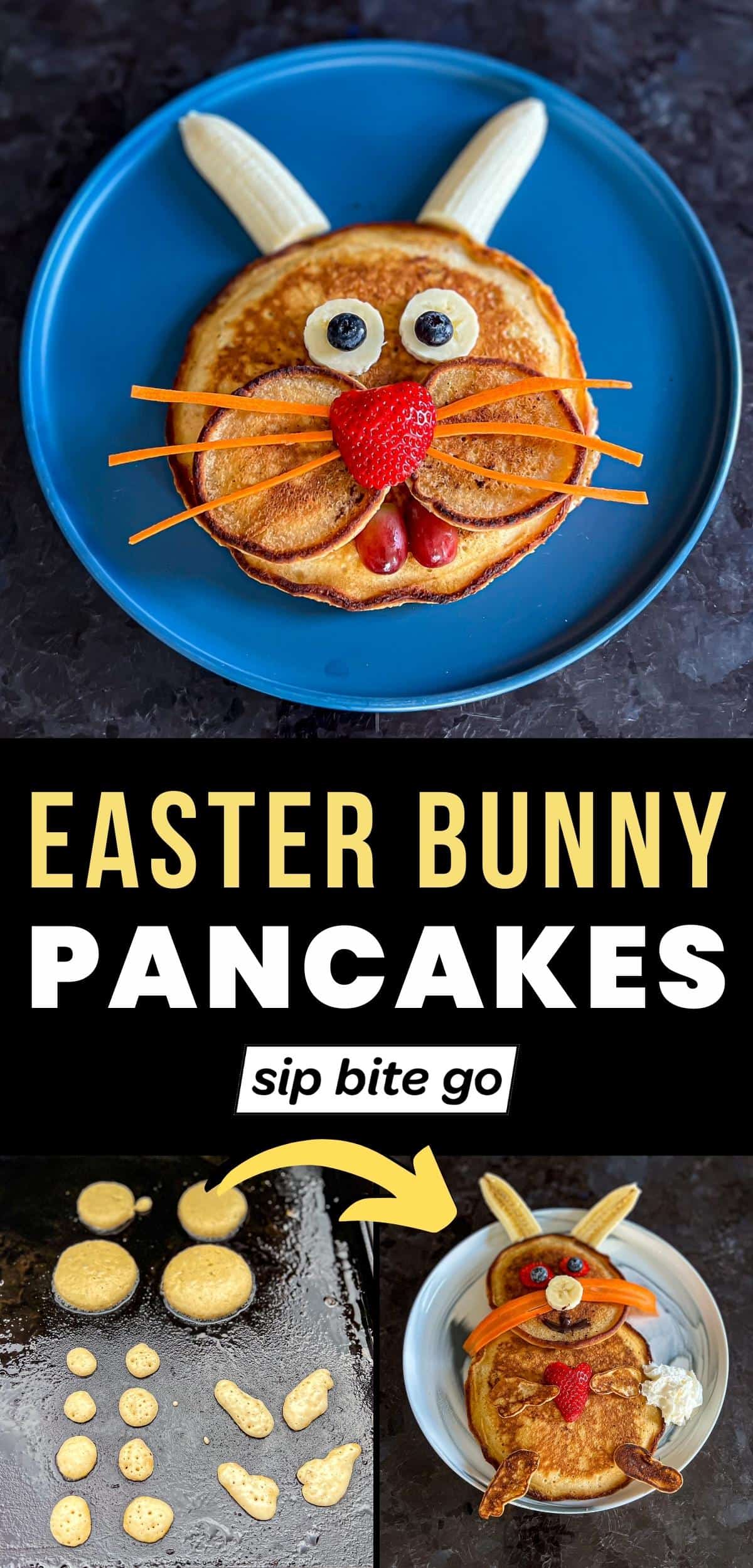 Easter Bunny Pancakes Ideas Recipes with text overlay and Sip Bite Go logo