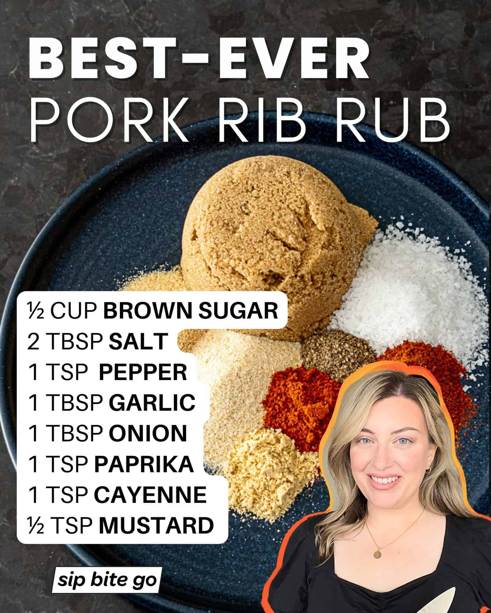 Infographic with List of Ingredients Pork Rib Rub Recipe with spices on a plate and Jenna Passaro with Sip Bite Go logo